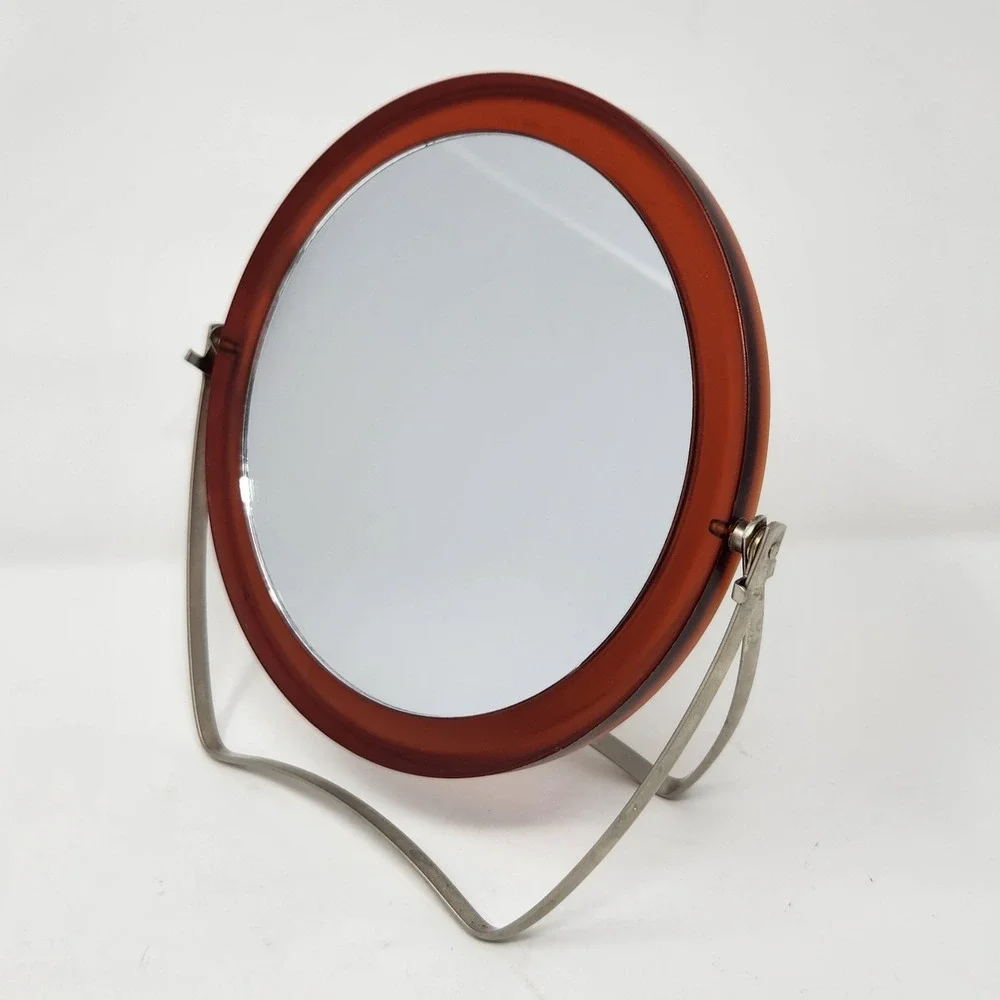 Vintage Ladies Brown Vanity Folding Mirror with Metal Stand Legs